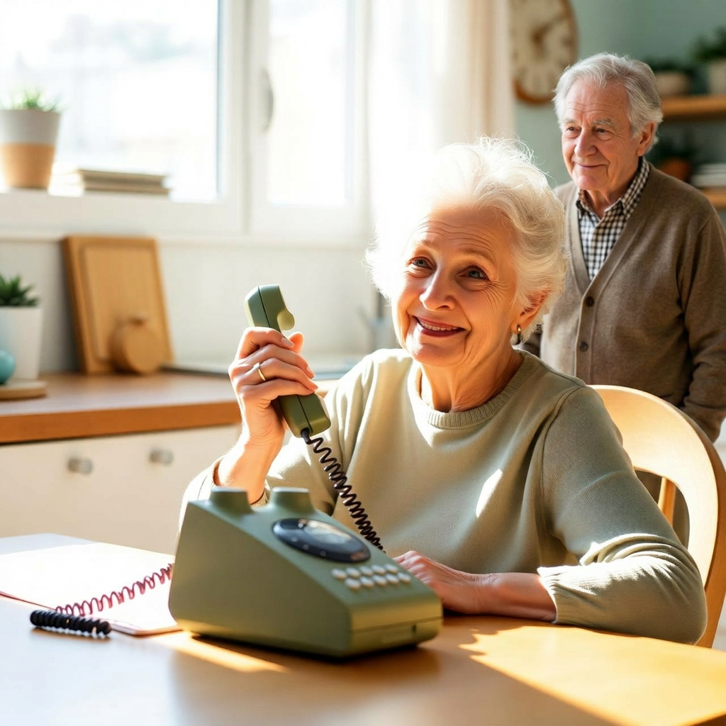 An older parent smiling warmly in a sunlit kitchen